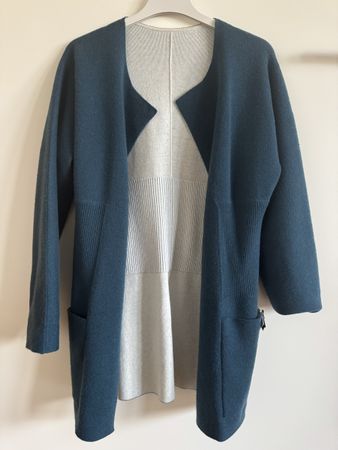 AKRIS Cardigan double-face, t.34, cachemire bleu pétrole
