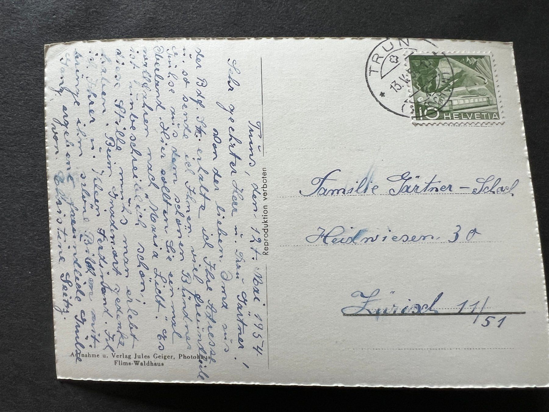 Ansichtskarten: Ansichtskarte Trun Maria-Licht 1954     (M185) – Gebraucht aus Hinwil von Sidi4 1
