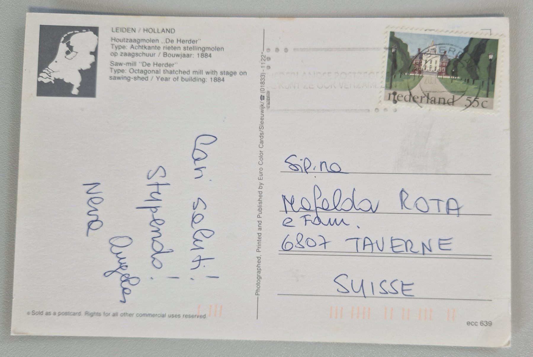 Cartoline postali: Holland, Leiden "De Herder" Windmühle 1982 – Usato da Melchnau venduto da Arthurius 1