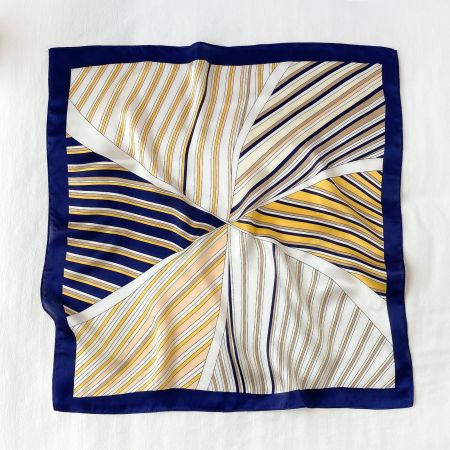 New 53cm Silk Scarf Geometric Stripes Yellow Navy Blue