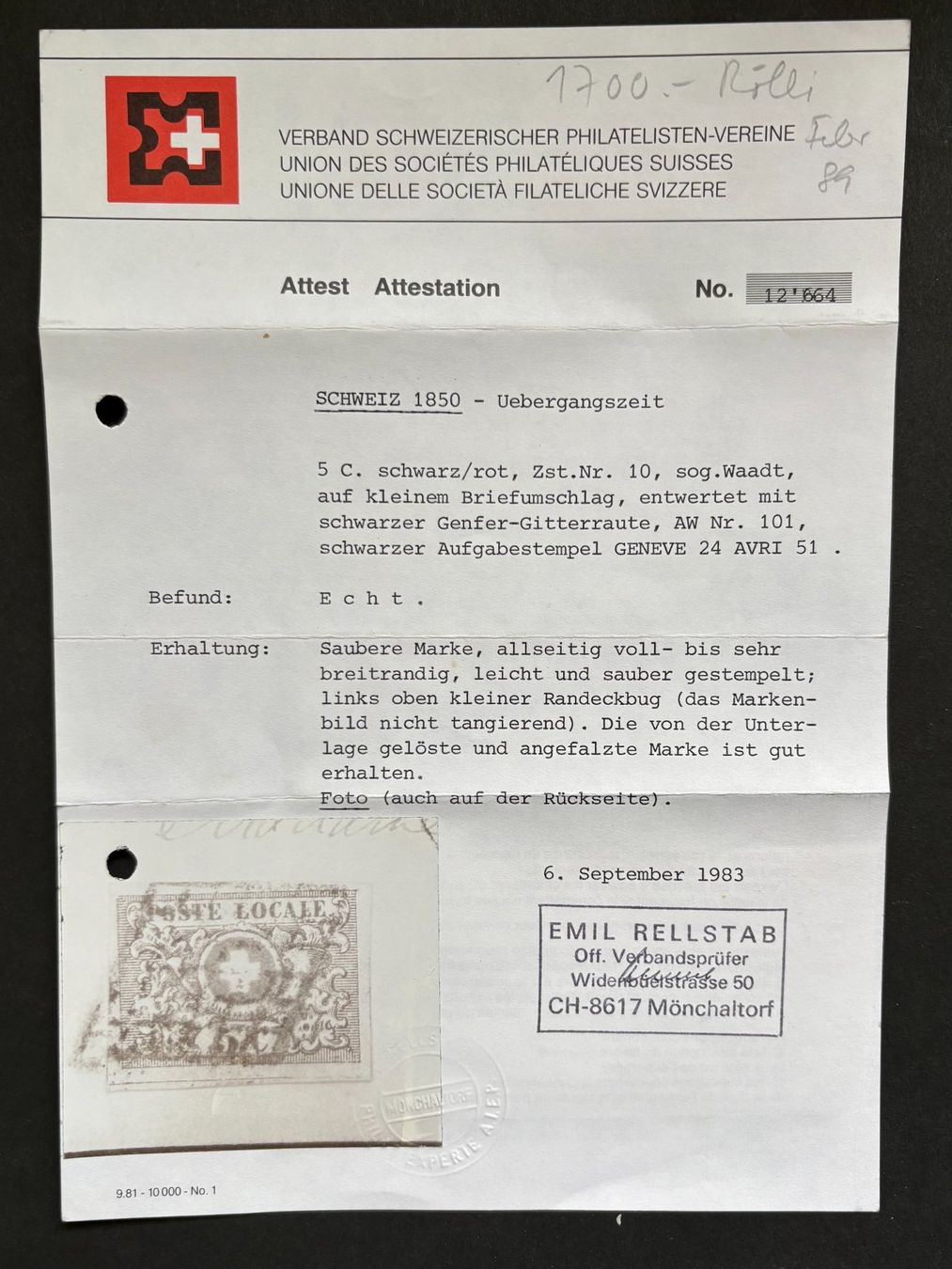 Tutti i francobolli: SCHWEIZ 1850 ÜBERGANGSZEIT MIT ATTEST – Usato da Ostermundigen venduto da Heavenmaus75 2