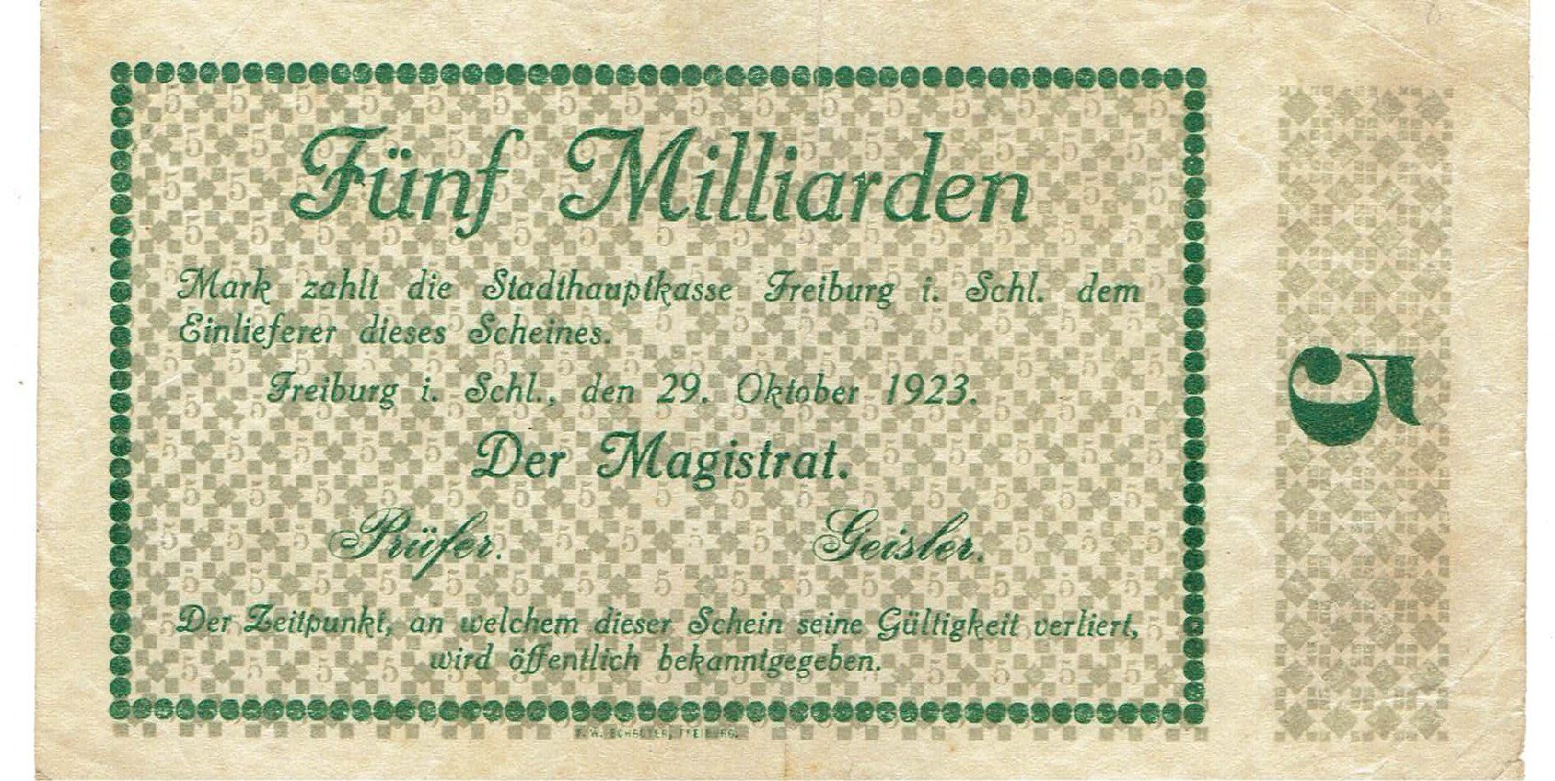 Banknoten: Freiburg 5 Mrd.Mark 29.10.1923 VZ-VZ+ – Gebraucht aus Steffisburg von ber_8htf
