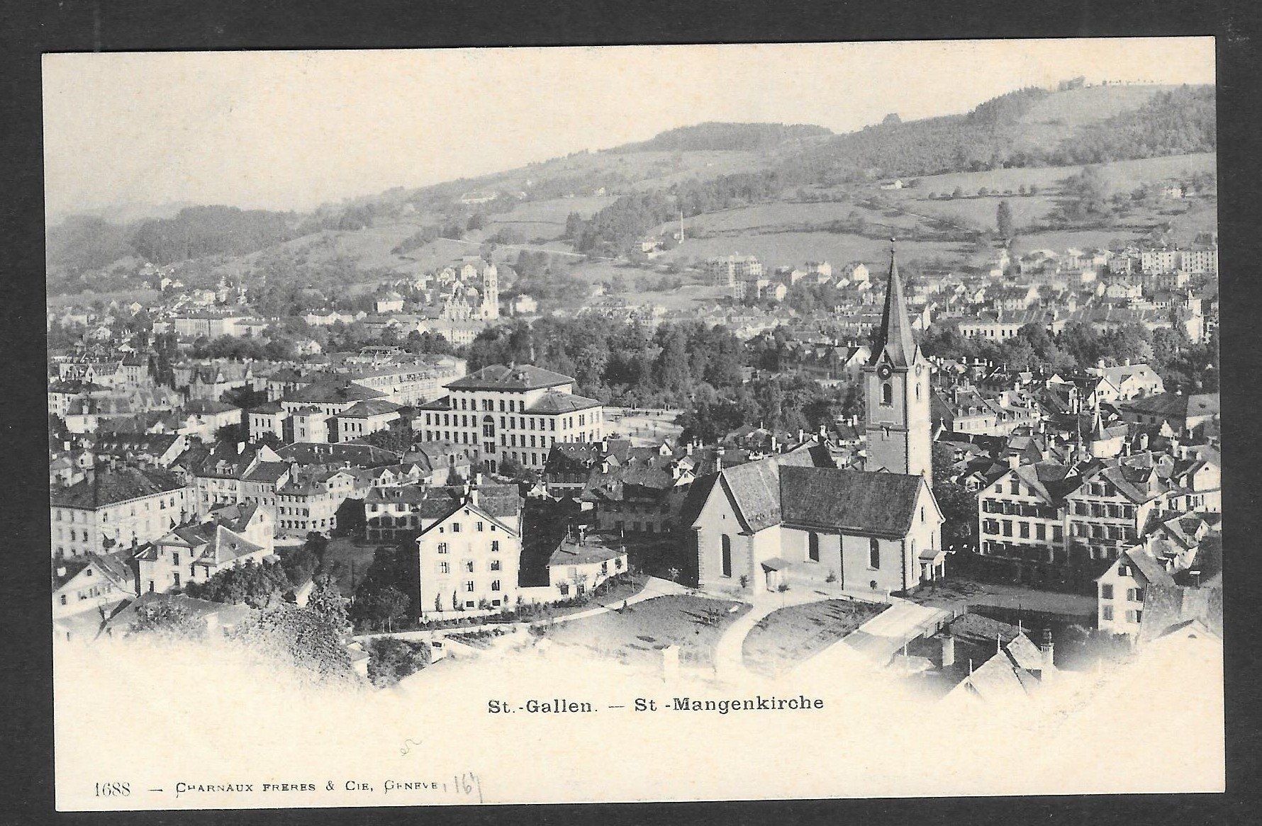 Cartoline postali: St. Gallen Teilansicht mit St. Mangenkirche – Usato da Olten venduto da clotaldi