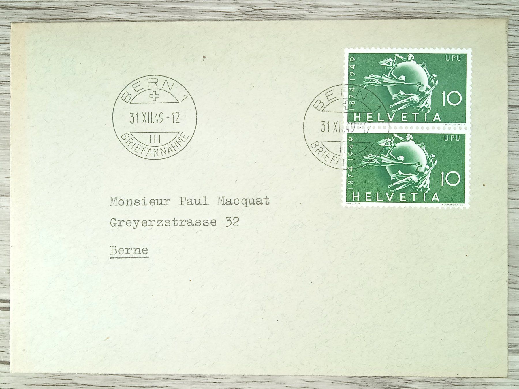 Tutti i francobolli: TR03 Enveloppe + Timbre Suisse 1949 – Usato da Cousset venduto da Patrick_Collections
