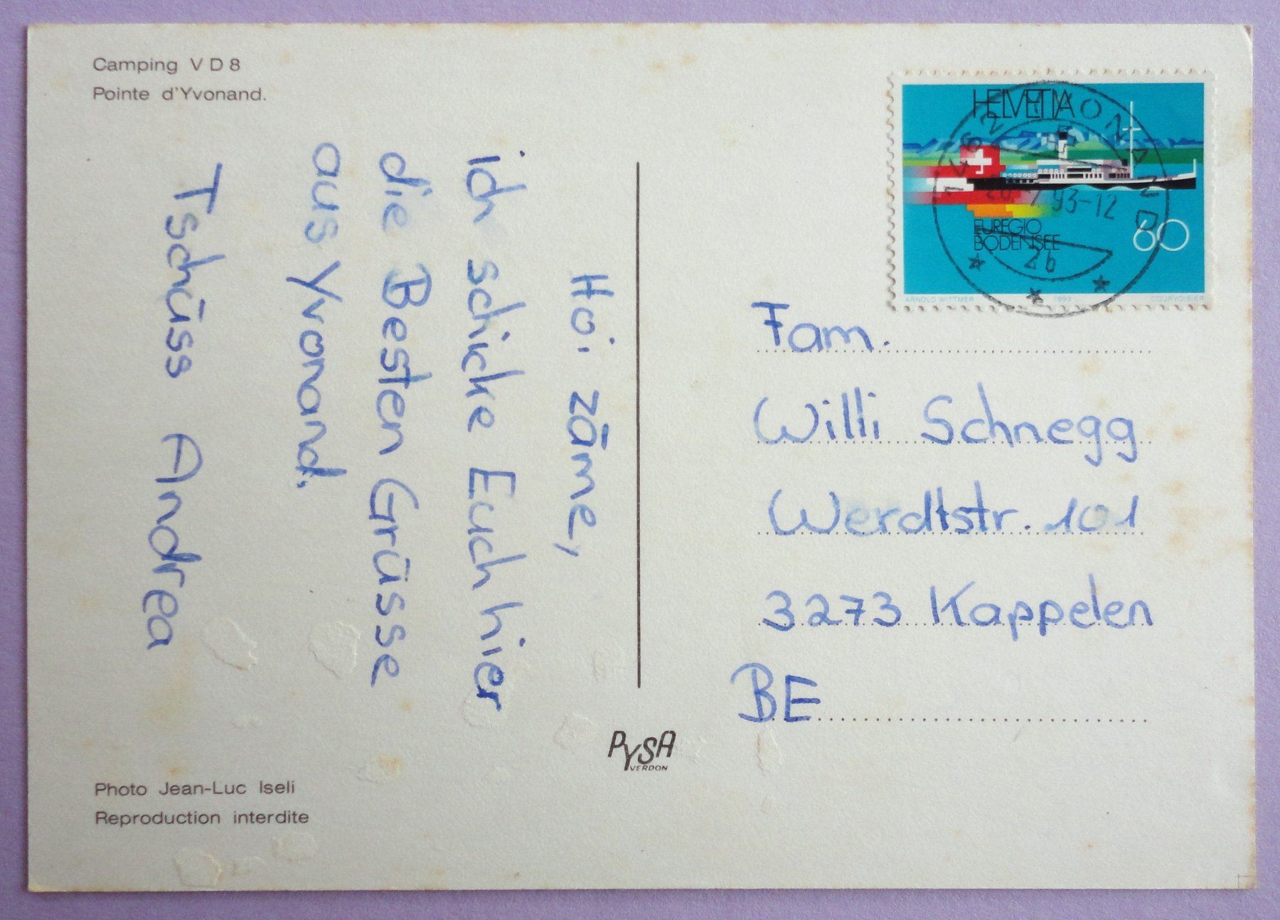 Cartoline postali: Camping V D 8, Pointe d' Yvonand – Usato da Fétigny venduto da Billy2miny 1