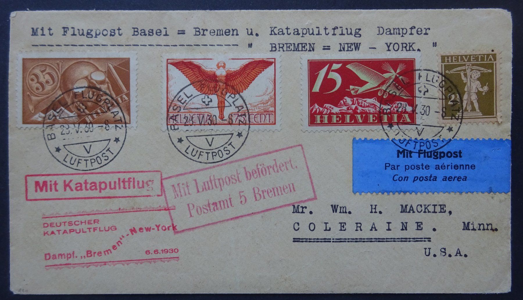 Tutti i francobolli: Flugpost, Katapultflug Nr. 6 vom 6.6.1930, Kat. ca. 850.00 – Usato da Watt venduto da Oo2rup5