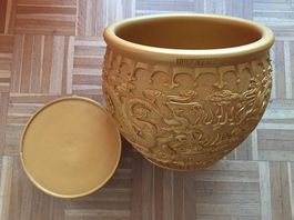 Goldener Relief-Keramiktopf mit 2 Drachen