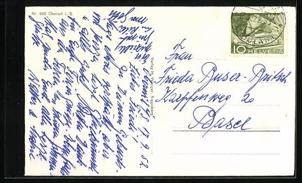 Ansichtskarten: AK Oberwil i. S., Teilansicht, 1952 – Gebraucht aus Berlin von bartko-reher 1
