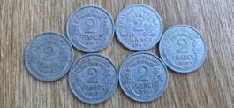 Lot de 6 pièces 2 Francs français, diverses dates, bon état.