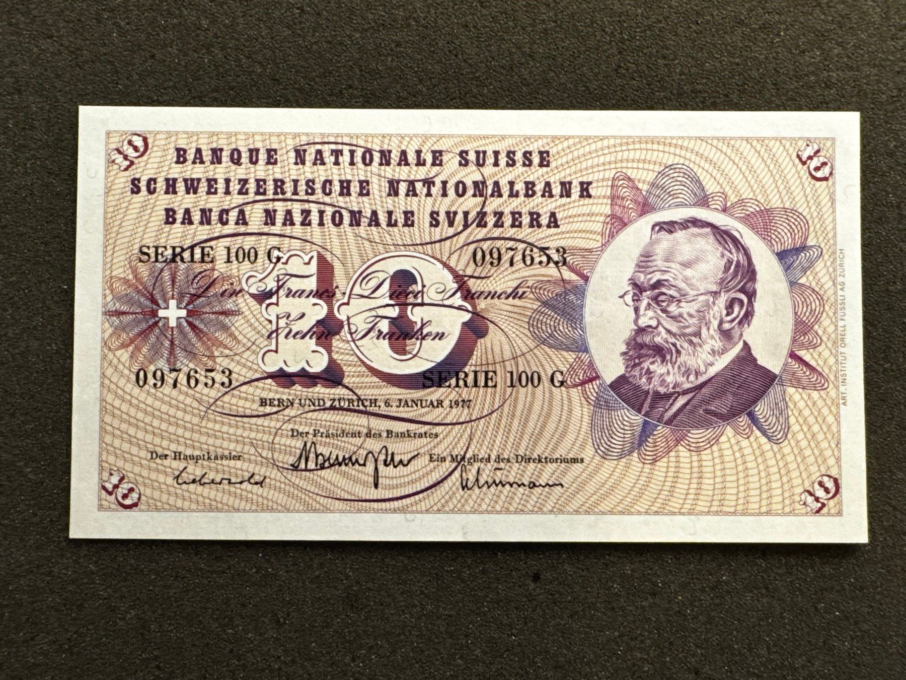 Banconote: 10 Franken Banknote Keller 1977 unc - 653 – Usato da Reitnau venduto da tb-muenzen