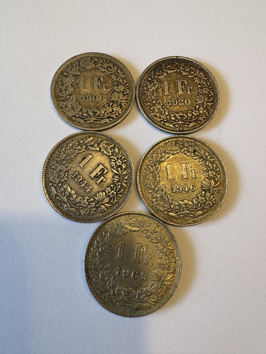 Alle Münzen: 1chf Silber 1920, 1906,,1944,1963,1946 – Gebraucht aus Murten von Tzaugg