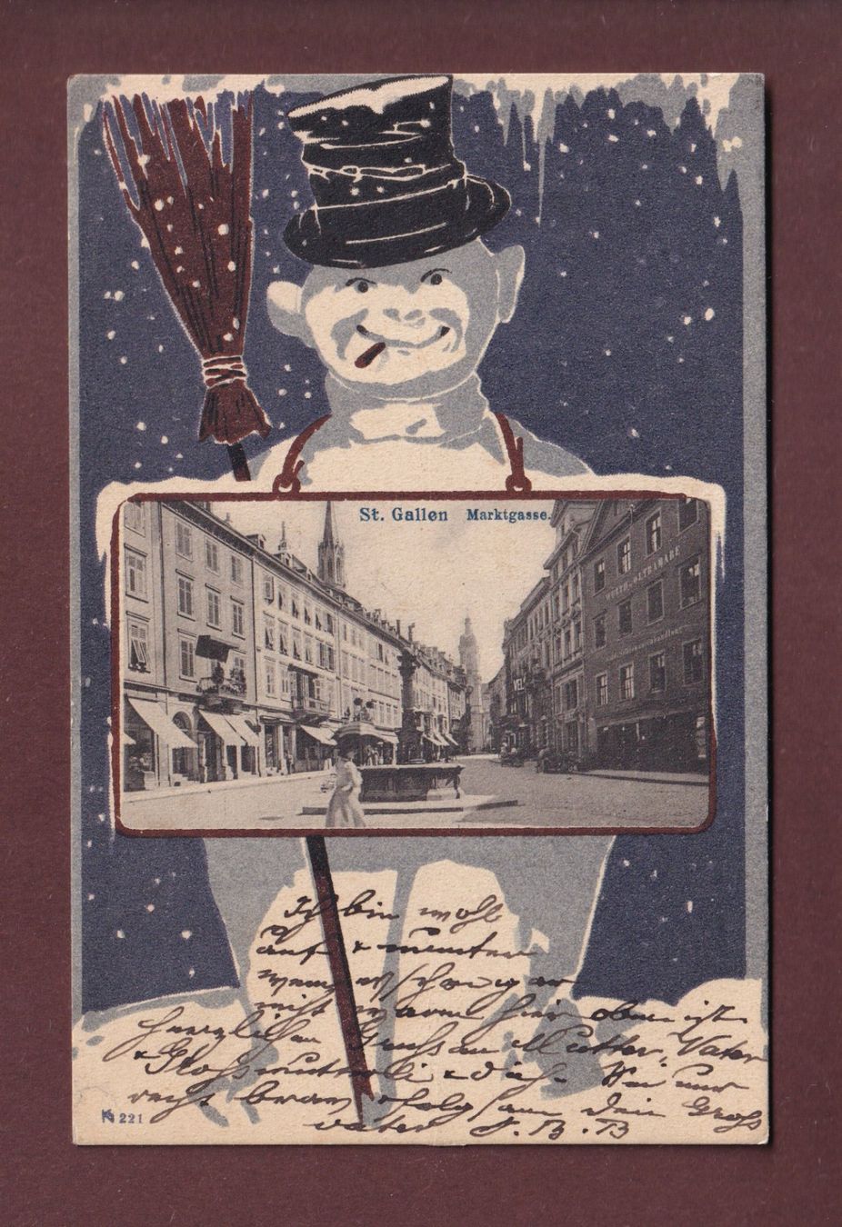Cartoline postali: ST. GALLEN - Marktgasse - Schneemann - 1904 – Usato da Pully venduto da nicecards