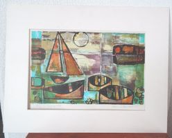 Hans E. Deutsch, orig. Farb-Lithographie, Schiffe im See