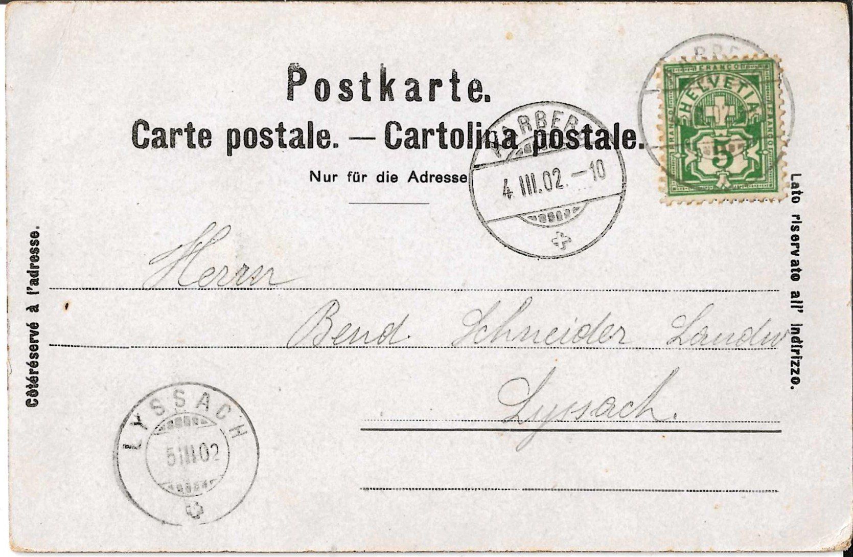 Cartoline postali: Karte Aarberg  1902 – Usato da Zürich venduto da Philacat11 1
