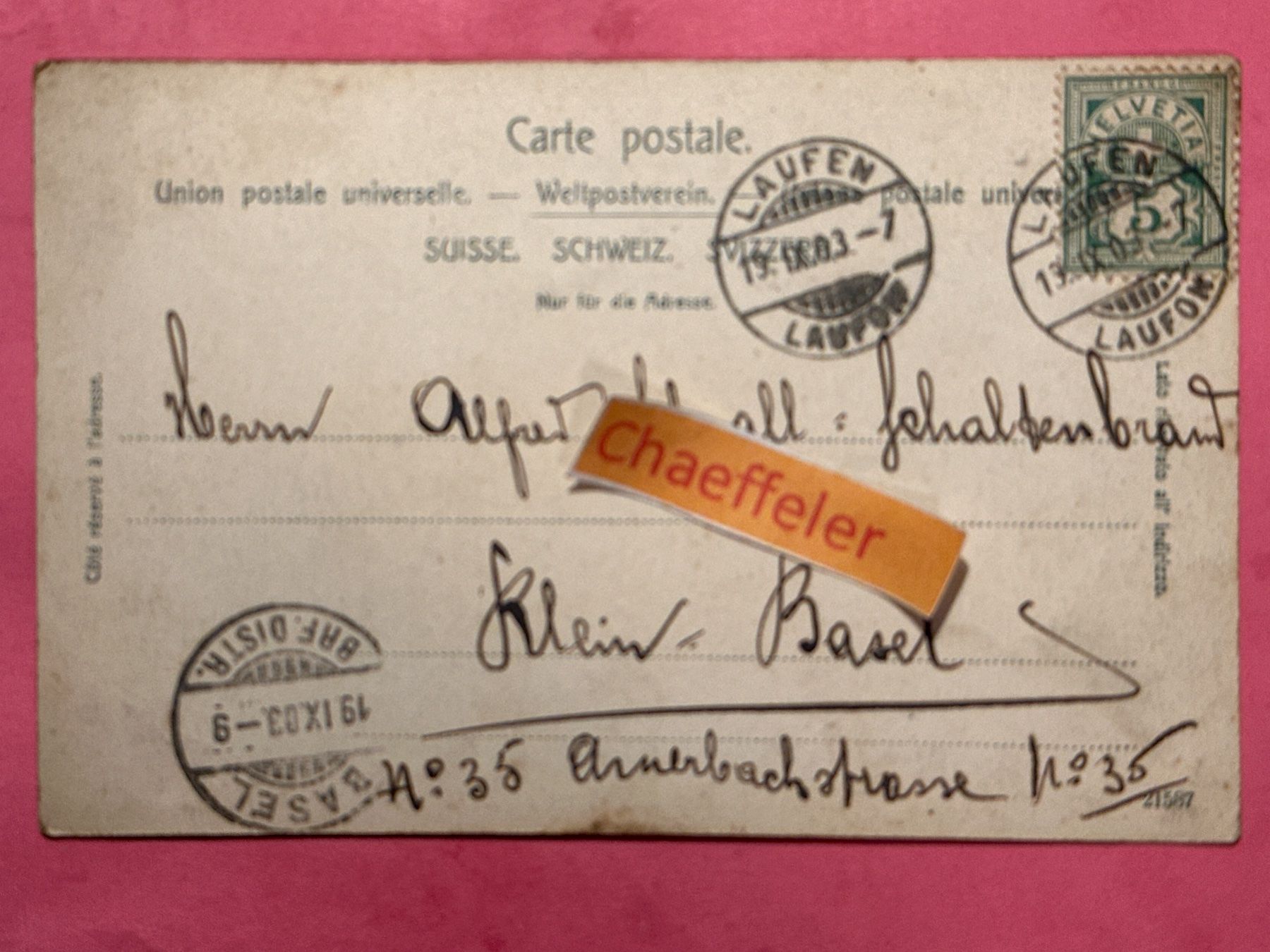 Cartoline postali: 1903 Laufen ( Kt. Bern) – Usato da Zürich venduto da Chaeffeler 1