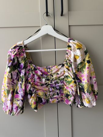 Damen Oberteil geblümt Puffärmel gerafft - Grösse XS
