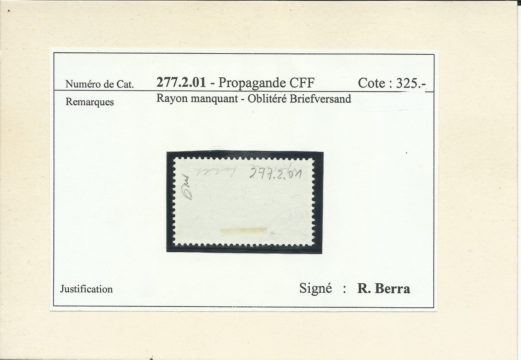 Tutti i francobolli: RAYON MANQUANT (277.2.01) - PROPAGANDE CFF - 1947 – Usato da St-Maurice venduto da Pwillow 1