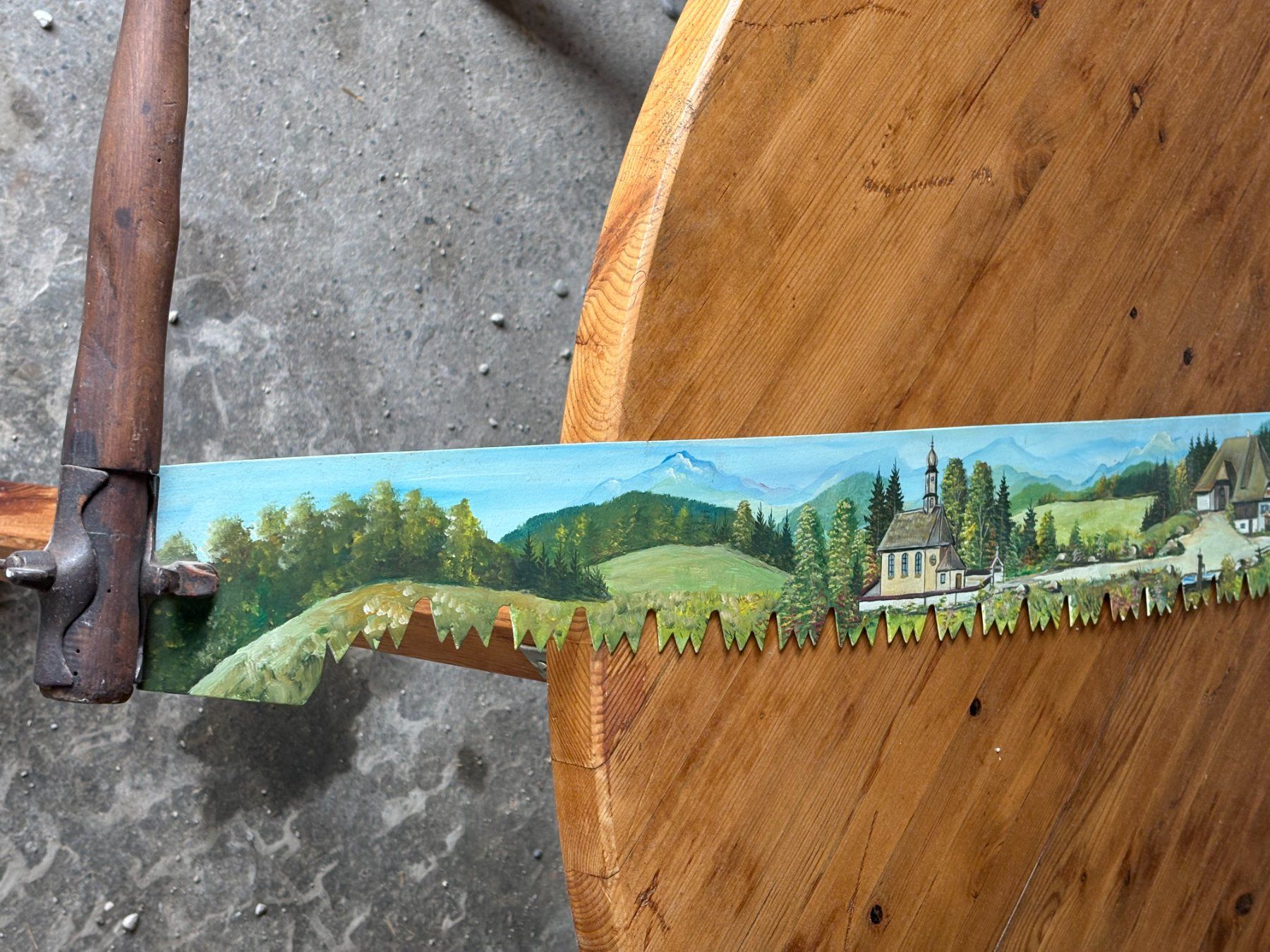 Tableaux: Säge handbemalt Landschaft W. Strobel 1995 – D'occasion à Mönchaltorf par Tschibi 3