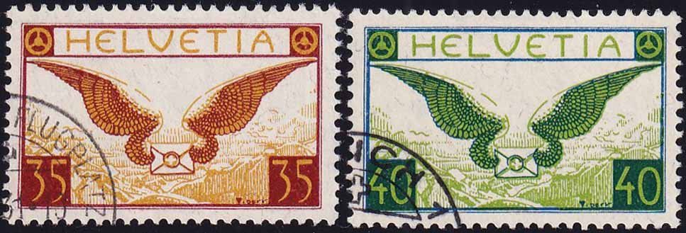 Tutti i francobolli: 1929, Flugpostmarken Nr. F14+F15, beide Werte mit Eckstempel – Usato da Aesch BL venduto da toffifee09