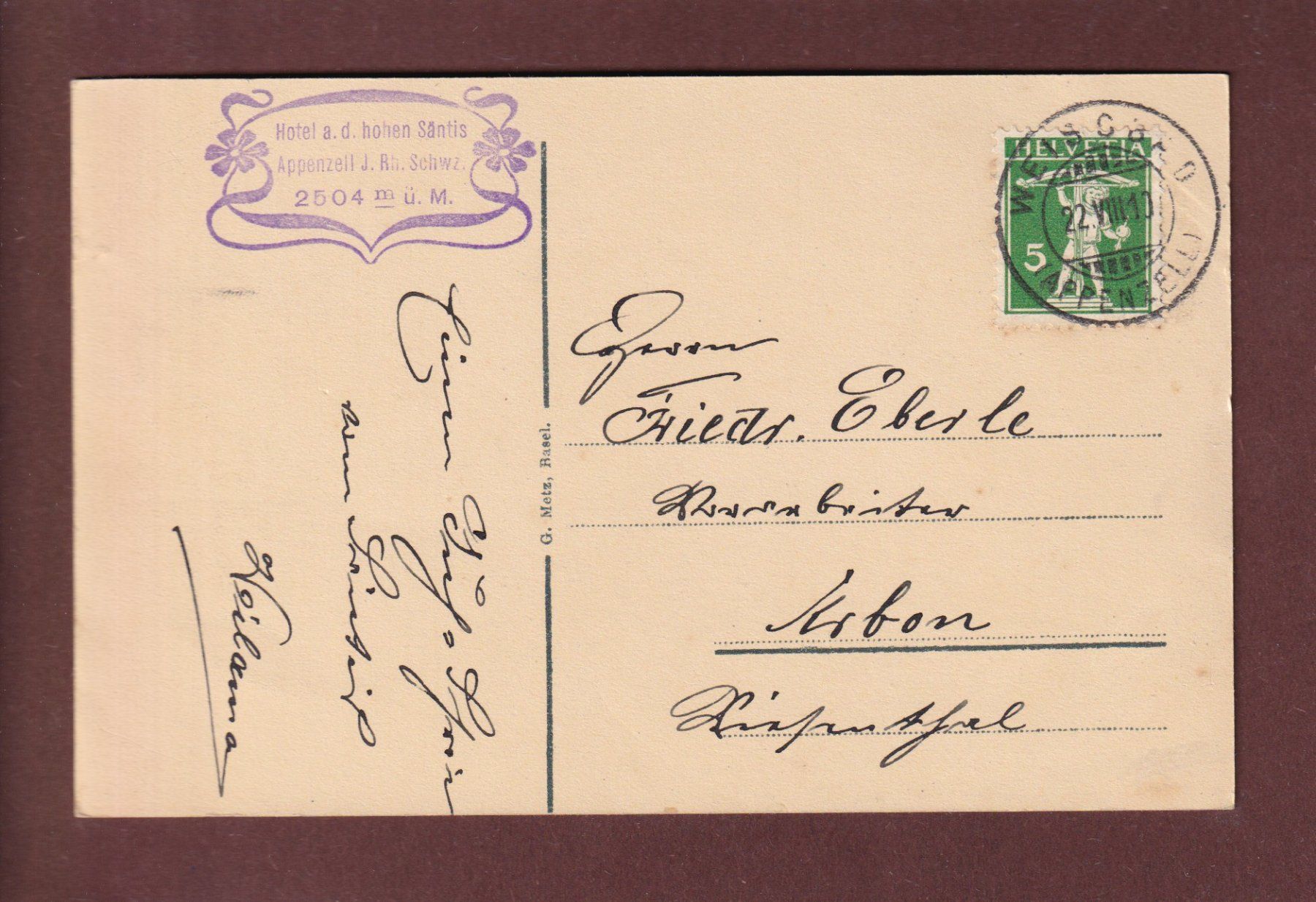 Cartoline postali: SÄNTIS - Hotel - 1910 – Usato da Pully venduto da nicecards 1