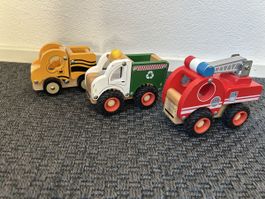 Wooden Toy Trucks Set Garbage Fire Rescue Used