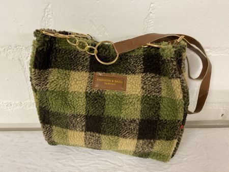 Handtasche kariert grün braun Kunstfell guter Zustand
