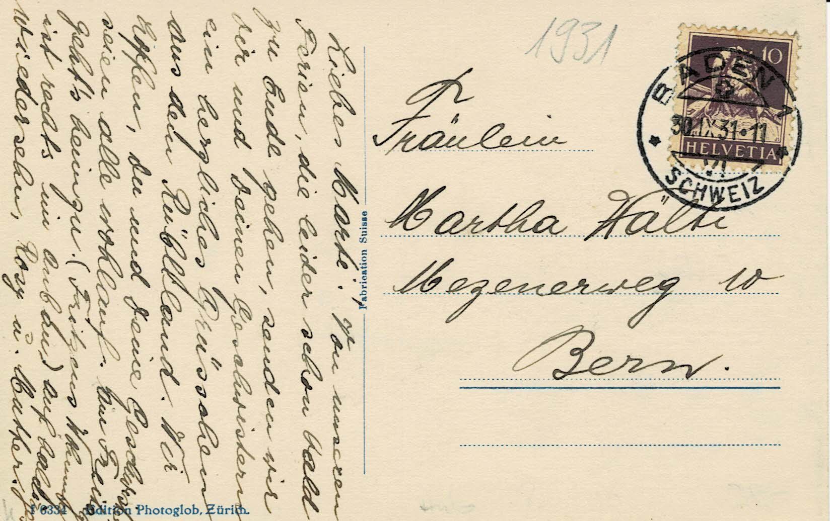 Cartoline postali: Postgebäude BADEN mit Postauto AG gel. 1931! – Usato da Hergiswil NW venduto da Kartenfrau 1