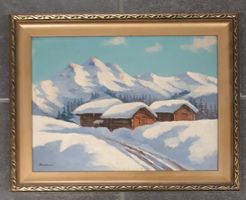 Menet, Künstler, Winterbild, Öl, Ställe/Stadel, Schneeberge