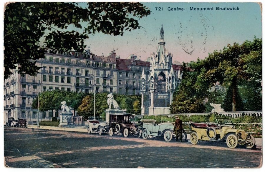 Cartoline postali: Genève, voitures d'époque devant Brunswick, circulée 1919 – Usato da Frauenfeld venduto da POML