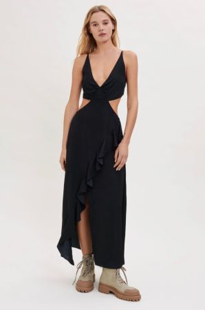 Maje Kleid 40 schwarz Cut-outs Volant Maxikleid