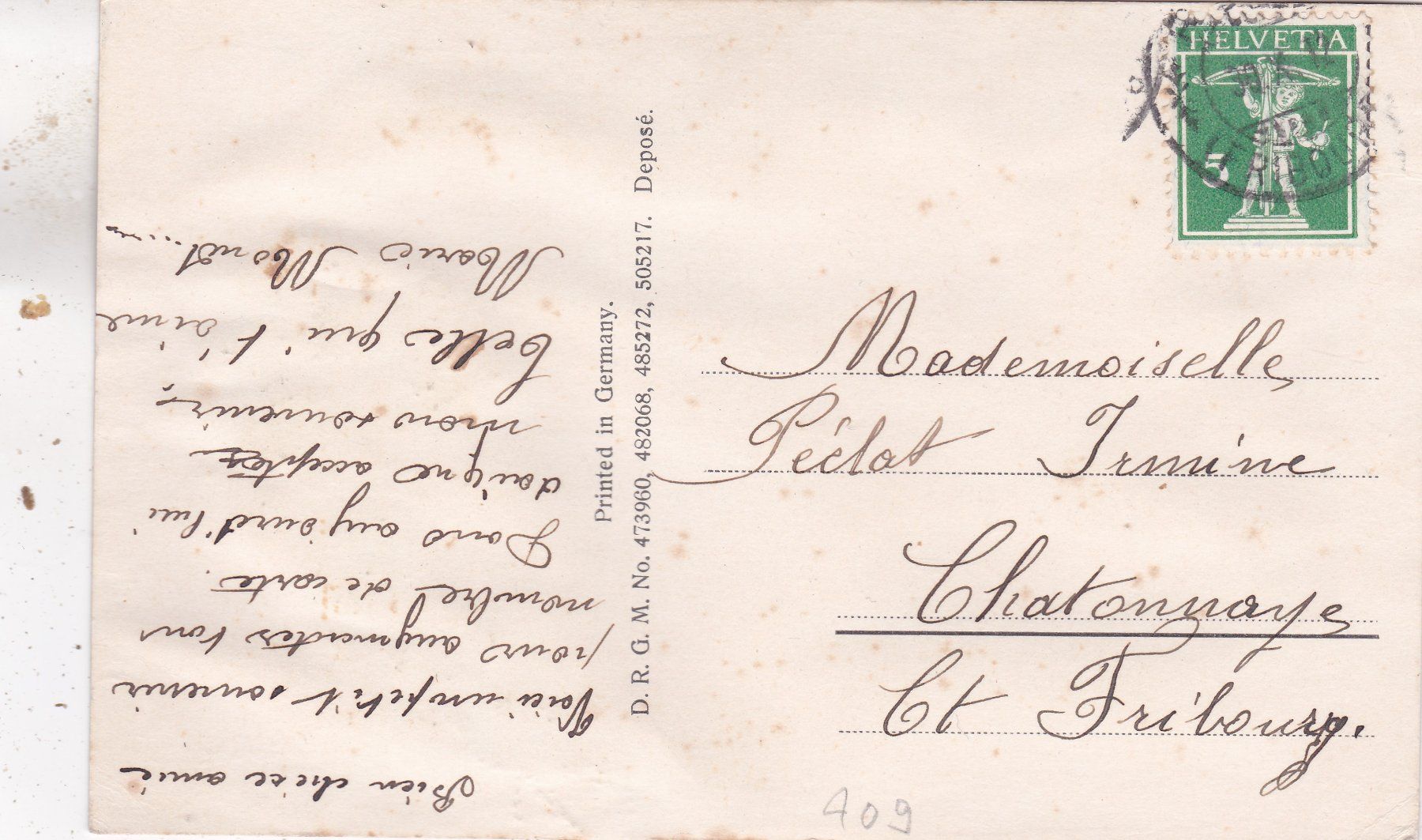 Cartoline postali: Kitsch Frau mit gesteckten Blumen 1912 – Difettoso da Herisau venduto da Lisegrat2008 1