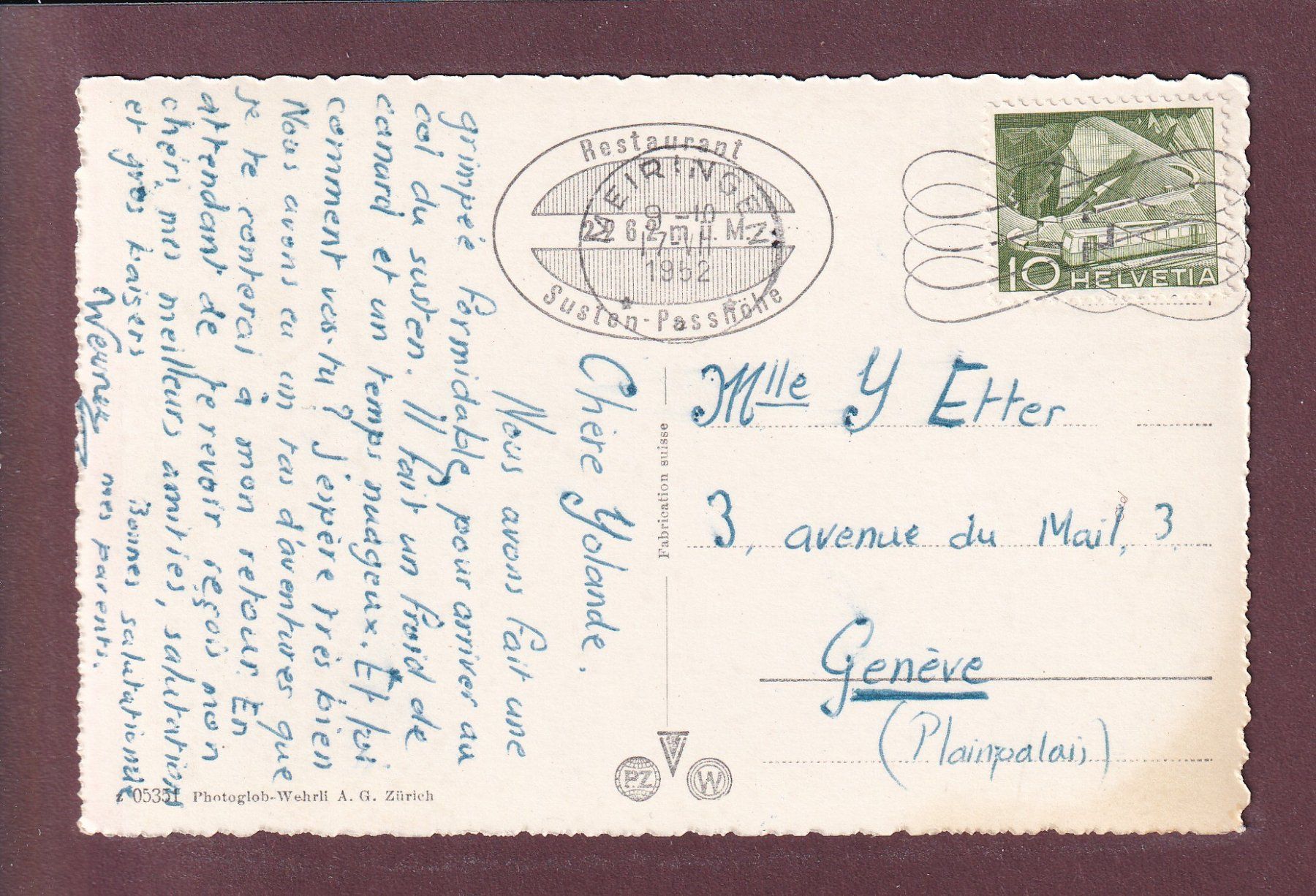 Cartoline postali: Restaurant SUSTENPASS-HÖHE - Parkplatz - 1952 – Usato da Pully venduto da nicecards 1