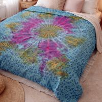Tagesdecke Baumwolle Batik Mandala Türkis Gelb Pink Indien