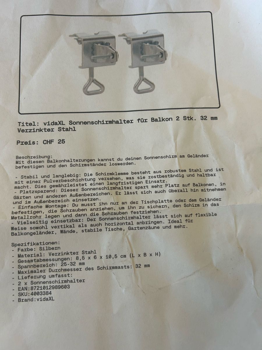 Supporti a parete: Sonnenschirm halter geländer – Nuovo e nell'imballaggio originale da Niederried b. Kall venduto da NicoleS25 1