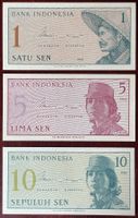 3 Banknoten Republik Indonesia 1, 5 und 10 Sen 1964