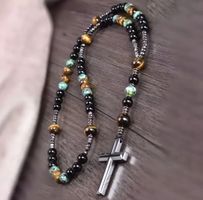 Véritable Rosaire (Chapelet), croix en obsidienne, NEUF
