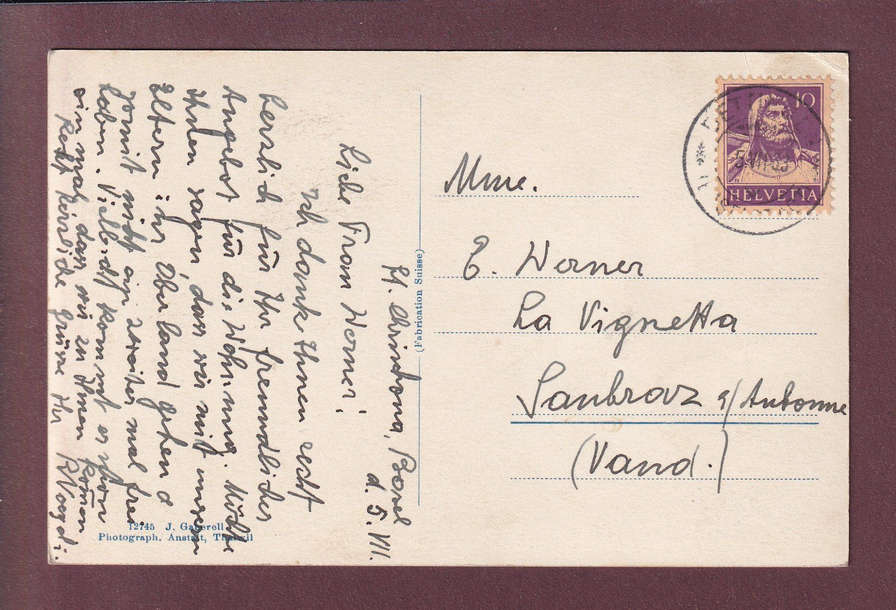 Ansichtskarten: ST. CHRISCHONA - Brüderhaus - 1933 – Gebraucht aus Pully von nicecards 1