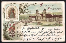 Litho Einsiedeln, Kloster mit Prozession