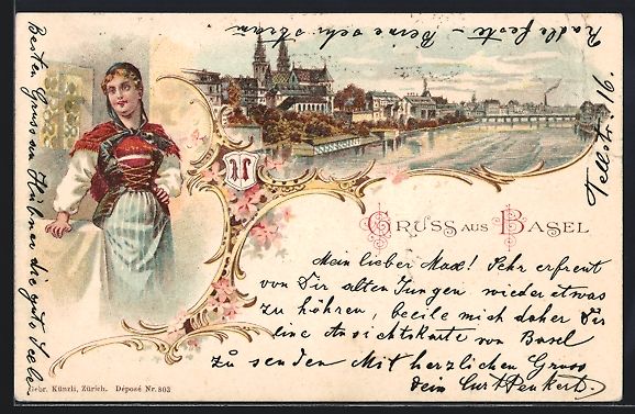 Cartoline postali: Litho Basel, Panorama mit Rheinbrücke,  – Usato da Berlin venduto da bartko-reher