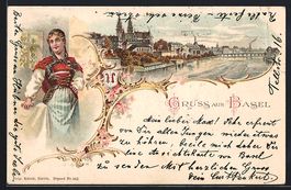 Litho Basel, Panorama mit Rheinbrücke, 