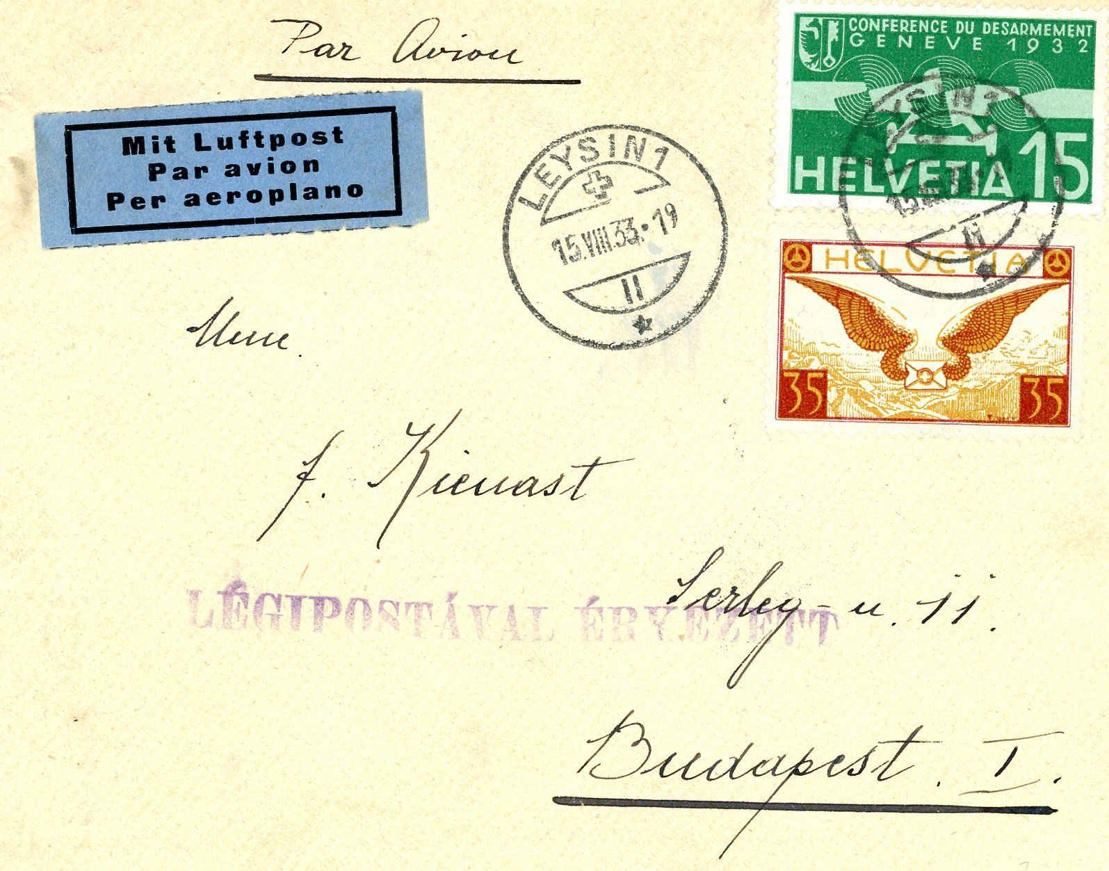 Alle Briefmarken: Flugpost Leysin nach Budapest 1933 – Gebraucht aus Einsiedeln von otm_7s5v