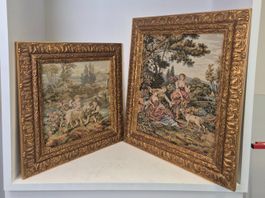 2x gewebte Wandtapisserie mit pastoraler Szene in Holzrahmen