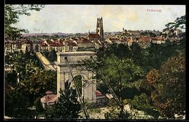 AK Fribourg, Hängebrücke und Ortsansicht