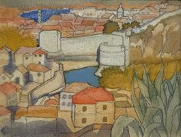 C.C. OLSOMMER : Dessin/aquarelle "La Ville aux remparts"