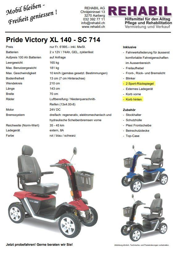 Veicoli elettrici: Elektromobil Pride Victrory XL140 – Nuovo (secondo la descrizione) da Biel/Bienne venduto da gese56