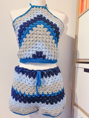 Gehäkeltes Sommer Top + Shorts Set blau mix🌸