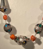 Collier argent 925 corail véritable, émail cloisonné, Maroc