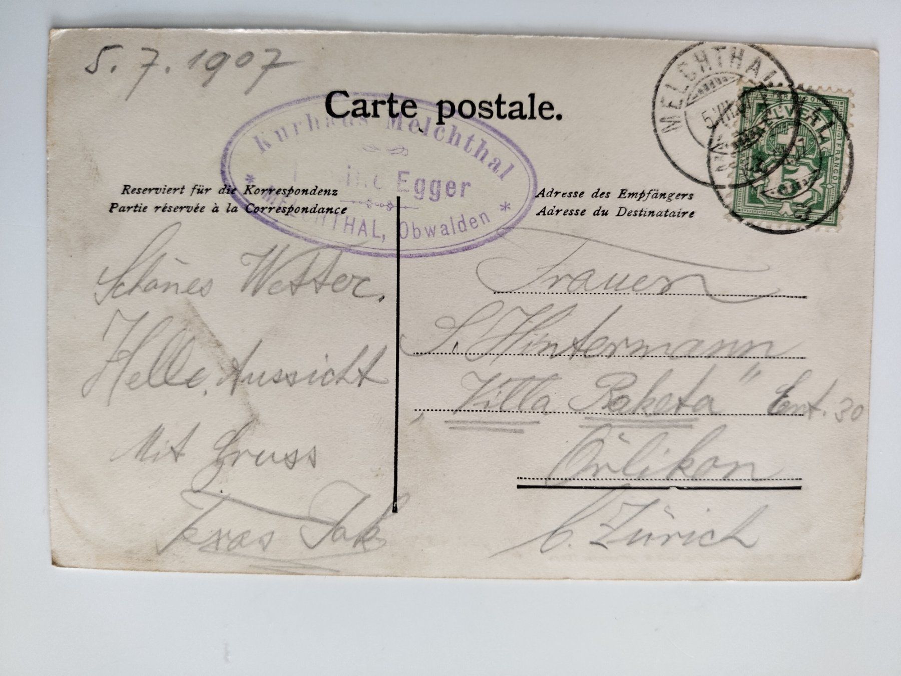 Cartoline postali: Melchtal OW, Widderfeld, Nünalphorn dat.1907 – Usato da Ohmstal venduto da Lebensfreude05 1