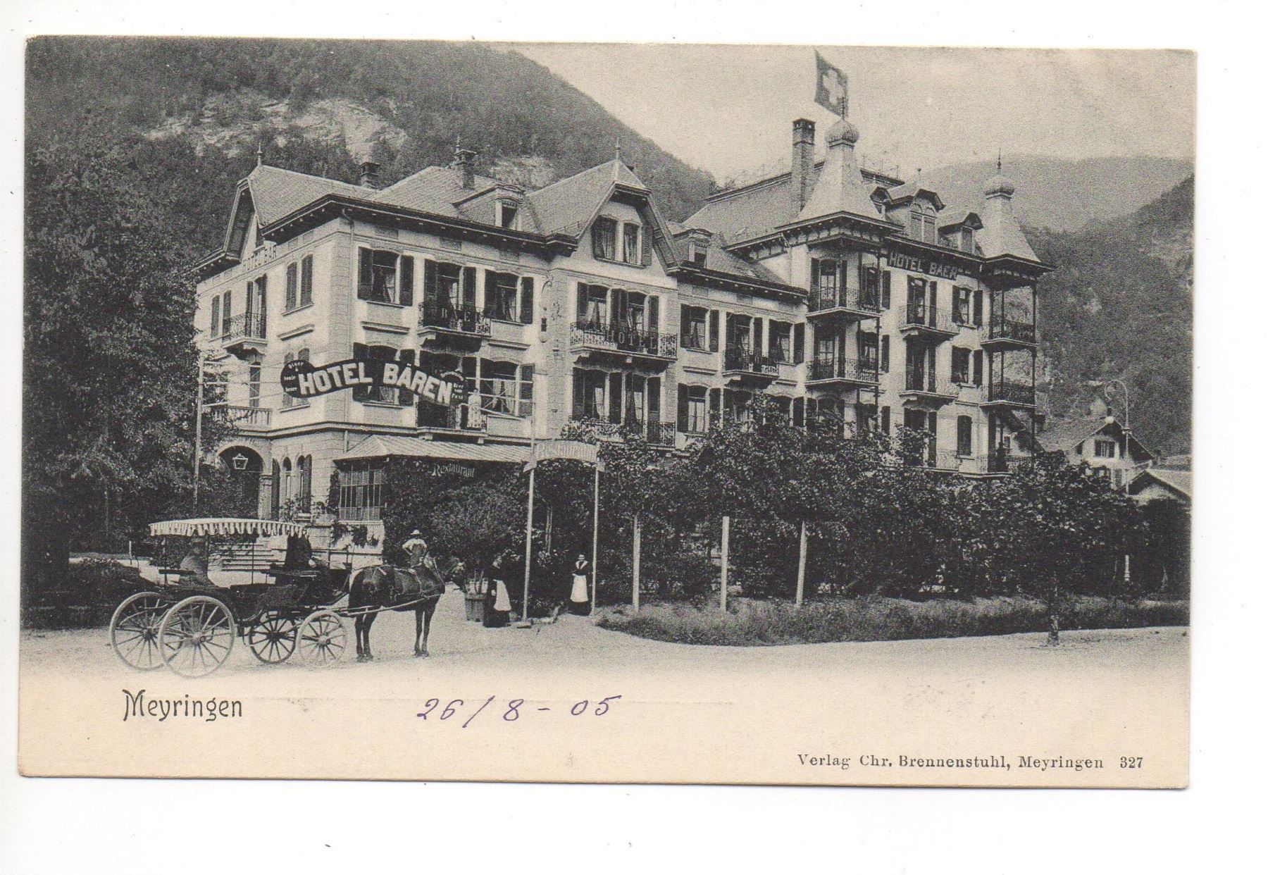 Cartoline postali: MEIRINGEN Hotel Bären, Pferde-Kutsche – Usato da Jona venduto da philajona
