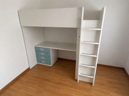 Hochbett mit Schrank und Schreibtisch weiss/tuerkis gebrauch